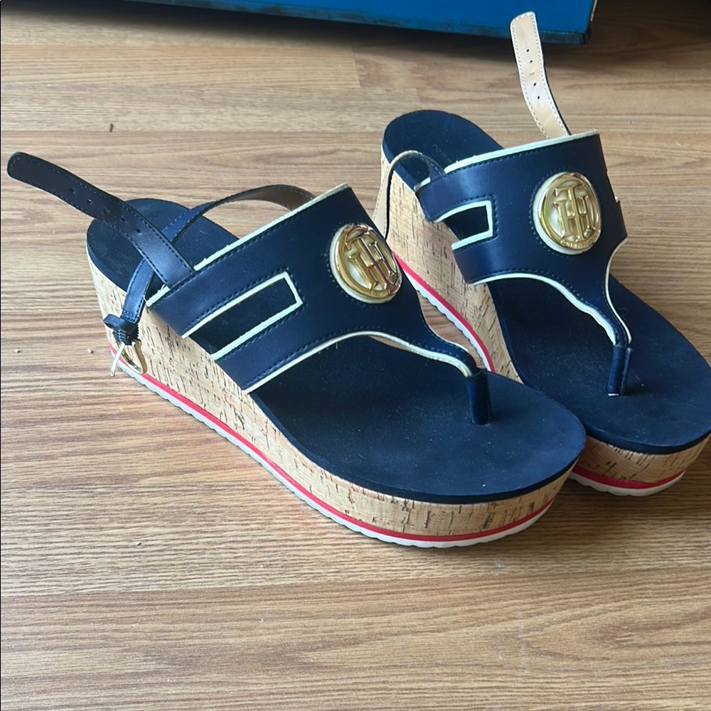 Tommy Hilfiger Navy Blue Wedge Sandals with Gold Accents